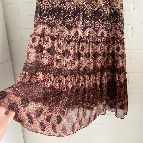 Vintage Y2K 90s midi dress Tiered Boho Burgundy Metallic Mixed print Sz 15 - Picture 15 of 15